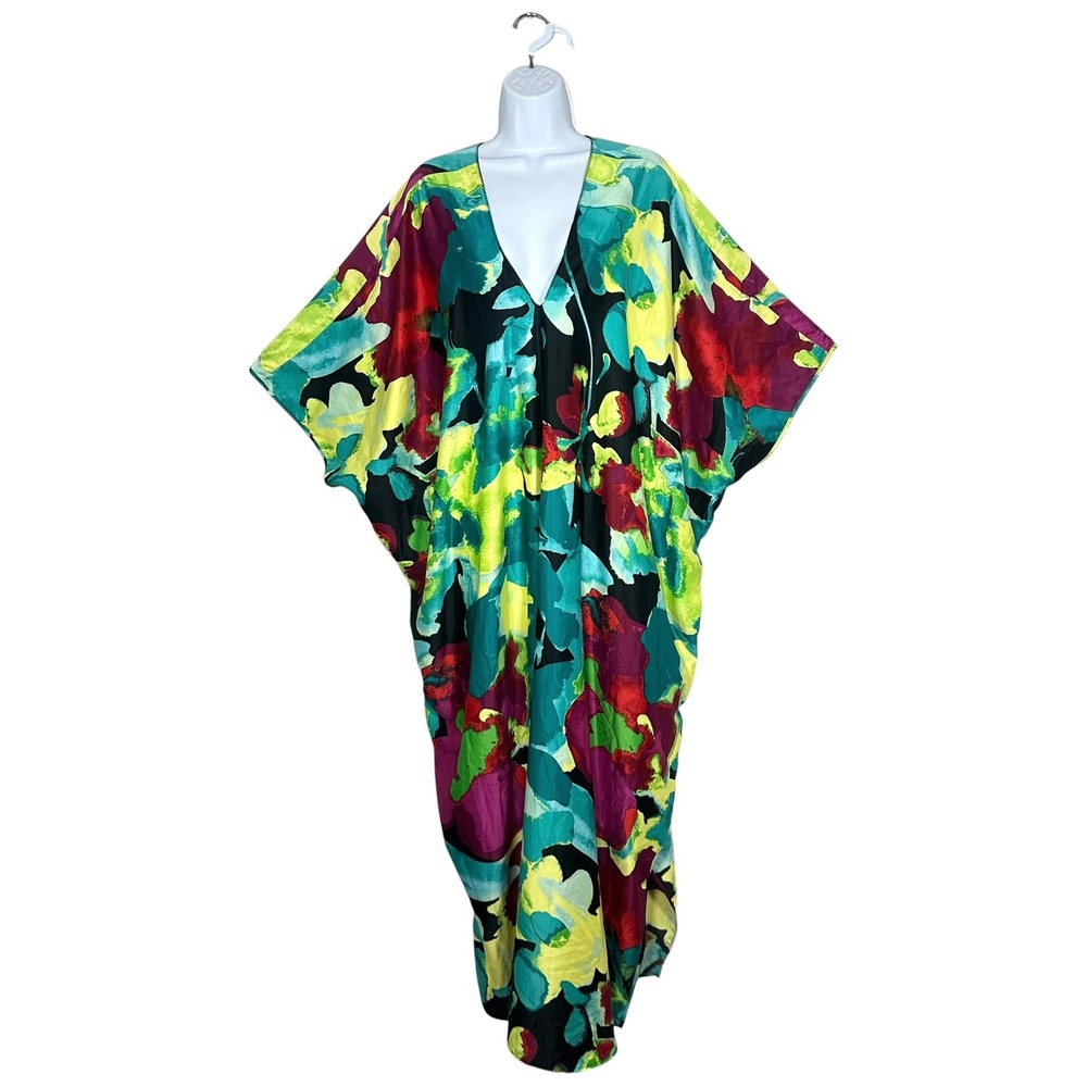 Natori 2X Floral Satin Caftan Maxi Dress V-Neck Lounge Muumuu Multicolor